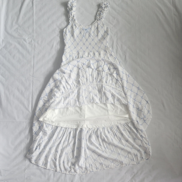 Blu Pepper White Smocked Midi Dress Womens Size M Blue Bow Pattern Coquette Doll - Picture 9 of 13
